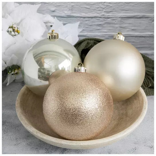 Set of 6 Large 150mm Champagne matte shiny and glitter Christmas ball ornaments