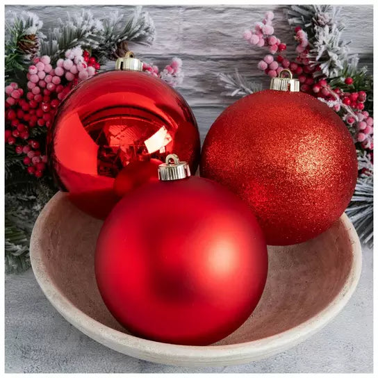 Set of 6 Large 150mm Red matte shiny and glitter Christmas ball ornaments
