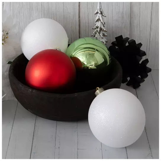 Set of 6 Large 150mm Red, Green & White matte shiny and glitter Christmas ball ornaments