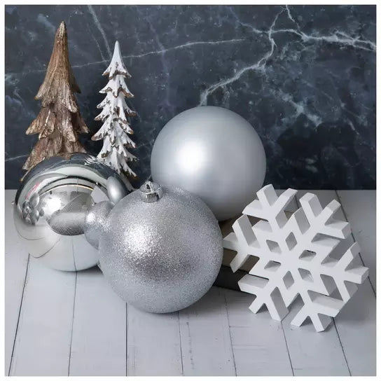 Set of 6 Large 150mm Silver matte shiny and glitter Christmas ball ornaments