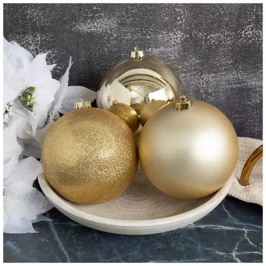 Set of 6 Large 150mm Gold matte shiny and glitter Christmas ball ornaments