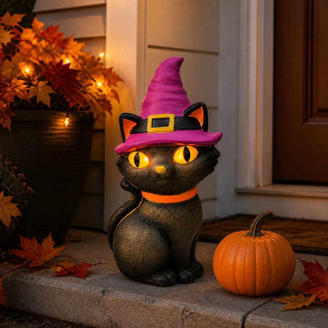 LED black cat with witch hat displayed on a front porch at dusk