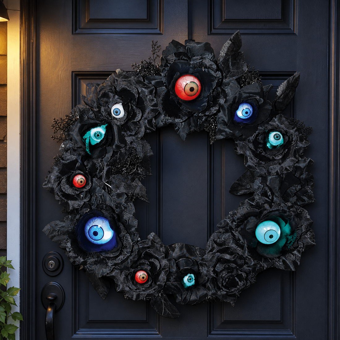LED black floral eyeball Halloween wreath displayed on a charcoal front door