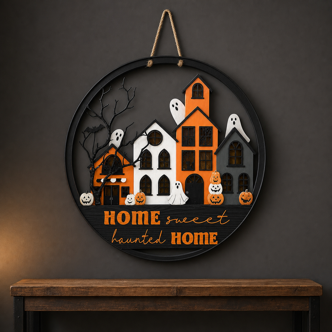 LED haunted house wall decor with HOME sweet haunted HOME sign displayed above a wood console