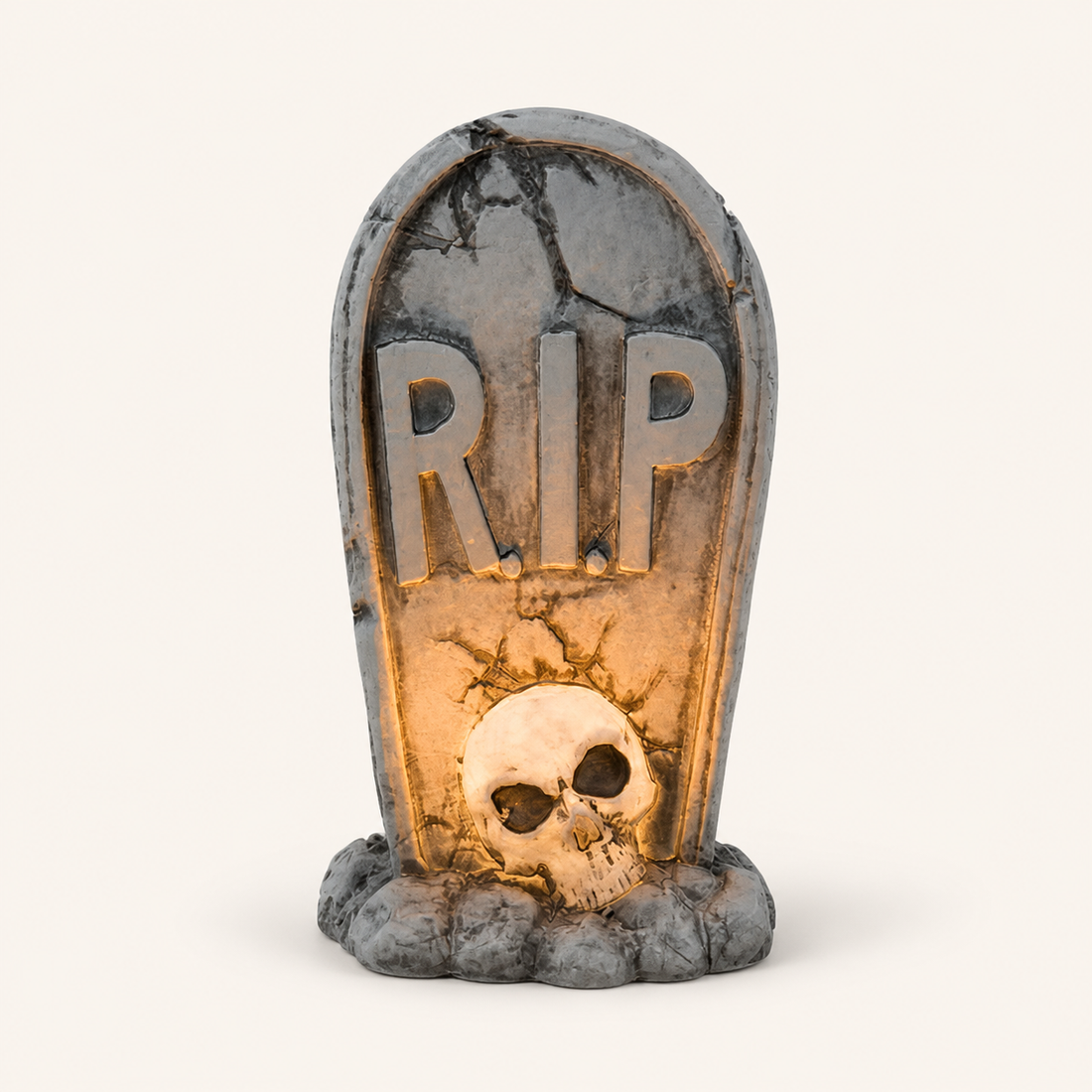 LED RIP Halloween tombstone with glowing skull on a neutral catalog background