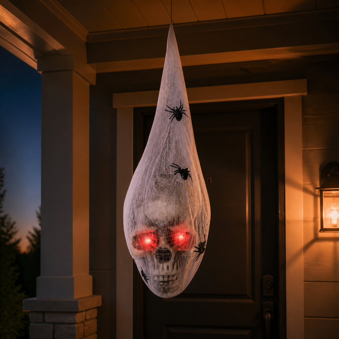Light-up hanging Halloween head in white gauze displayed on a porch at dusk