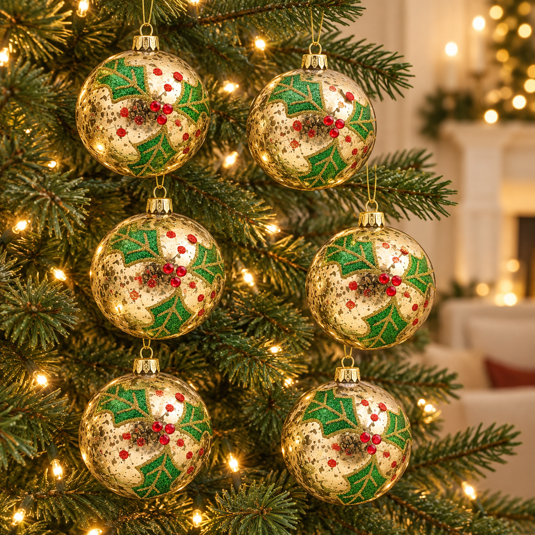 Gold holly ornaments on Christmas tree — AI lifestyle illustration