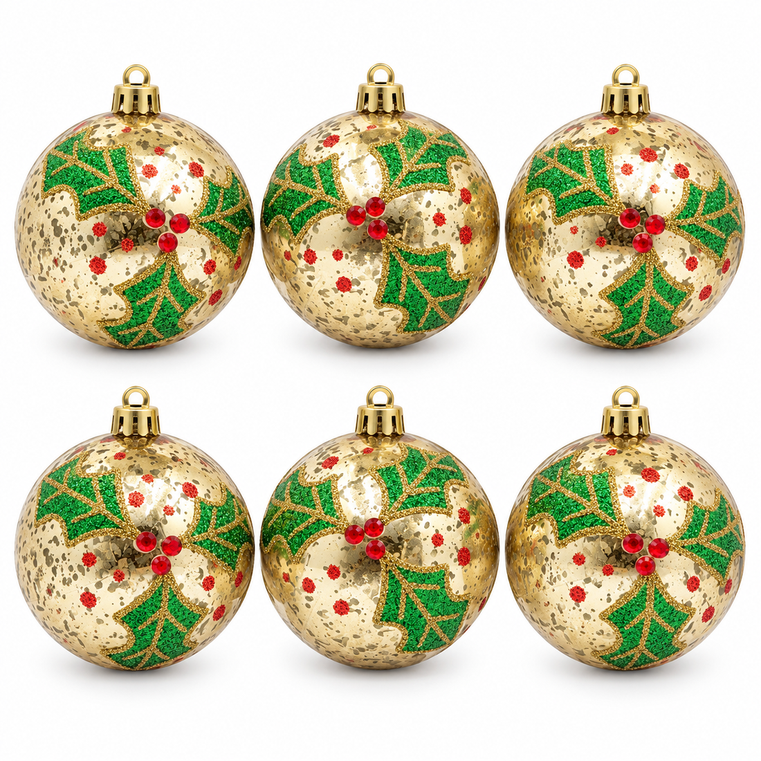 Six gold mercury-look holly ornaments on white — AI illustration
