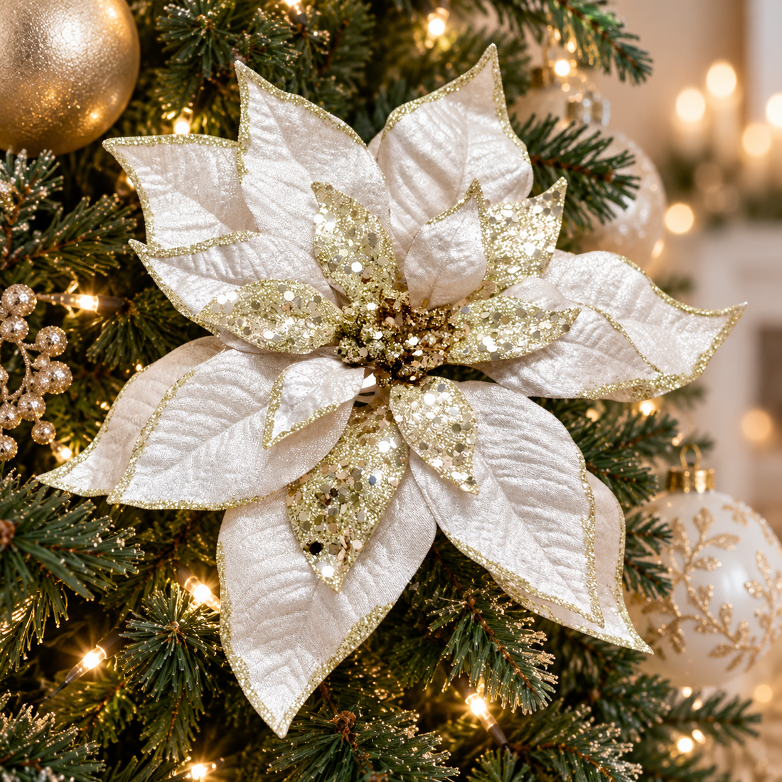 AI-generated styling inspiration: metallic white and gold poinsettia clip on Christmas tree; other decor not included
