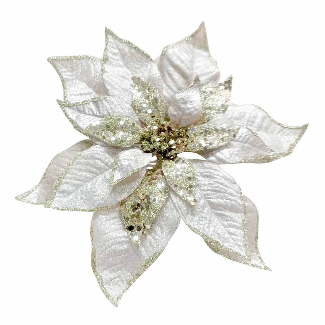 9.5-inch metallic white and gold poinsettia clip ornament on white background