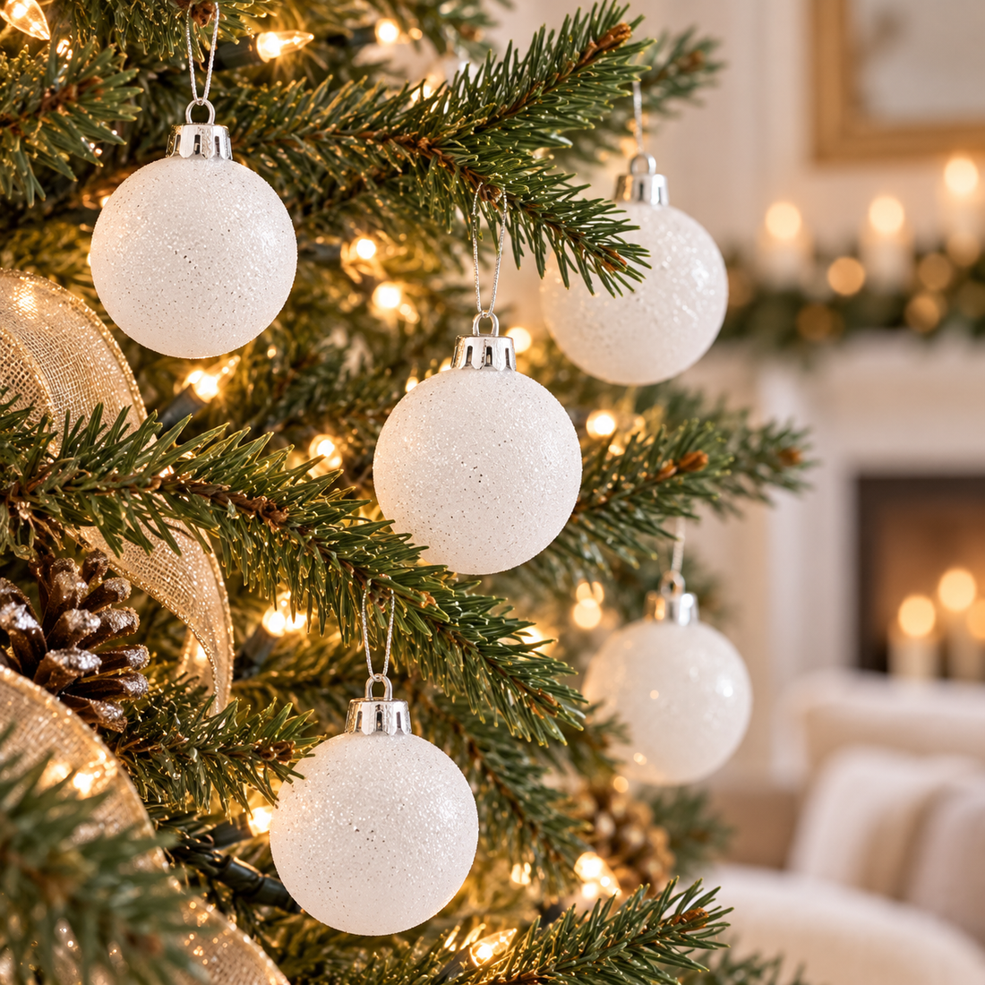 AI-generated styling inspiration: white glittered ornaments on a Christmas tree; props not included