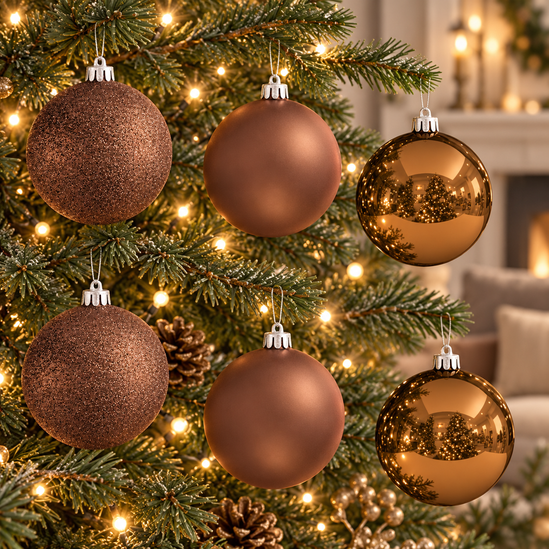 Six brown ornaments styled on Christmas tree — AI lifestyle illustration
