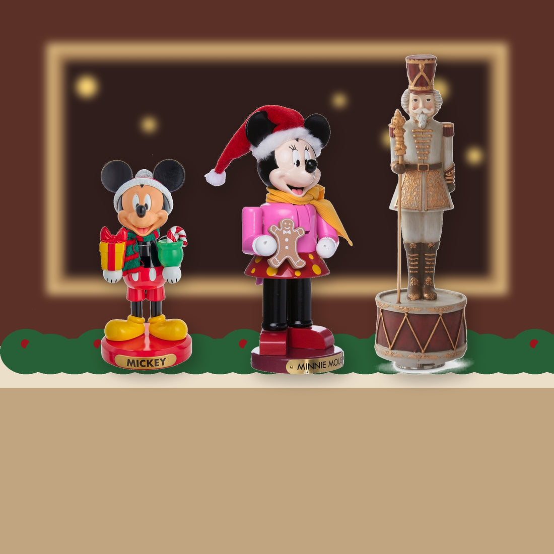 Three-piece Nutcracker Collector Bundle displayed in a holiday mantel setting