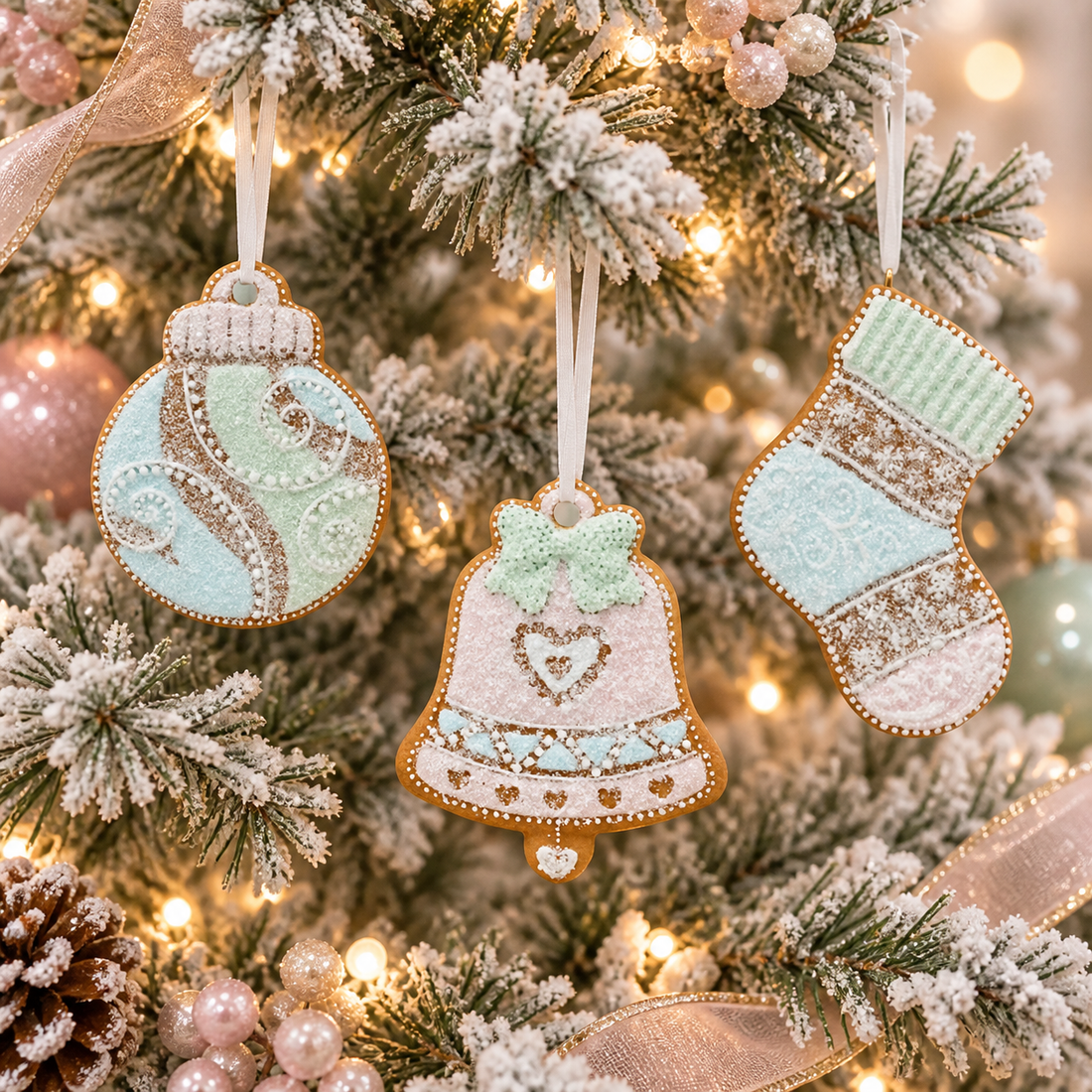 Pastel gingerbread sock, ball and bell ornaments displayed on a flocked Christmas tree