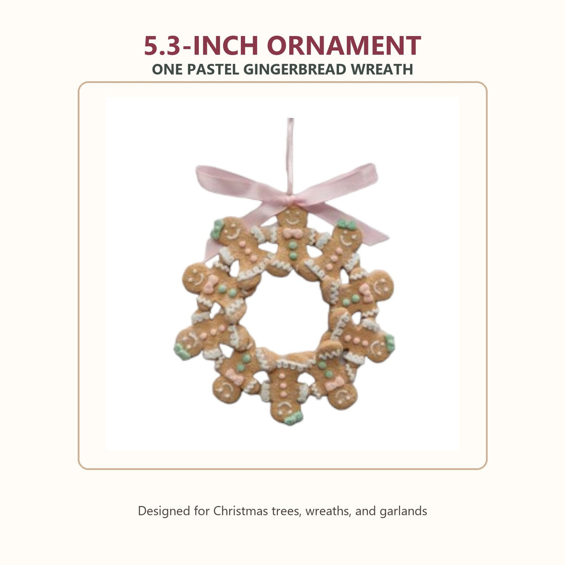 5.3-inch pastel gingerbread wreath Christmas ornament size and quantity details