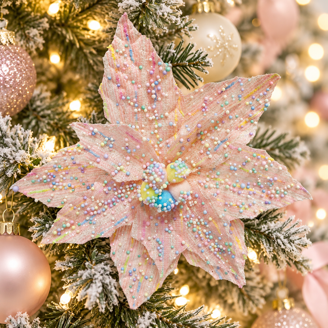 AI-generated styling inspiration: pastel pink poinsettia clip on a Christmas tree; decorative props not included