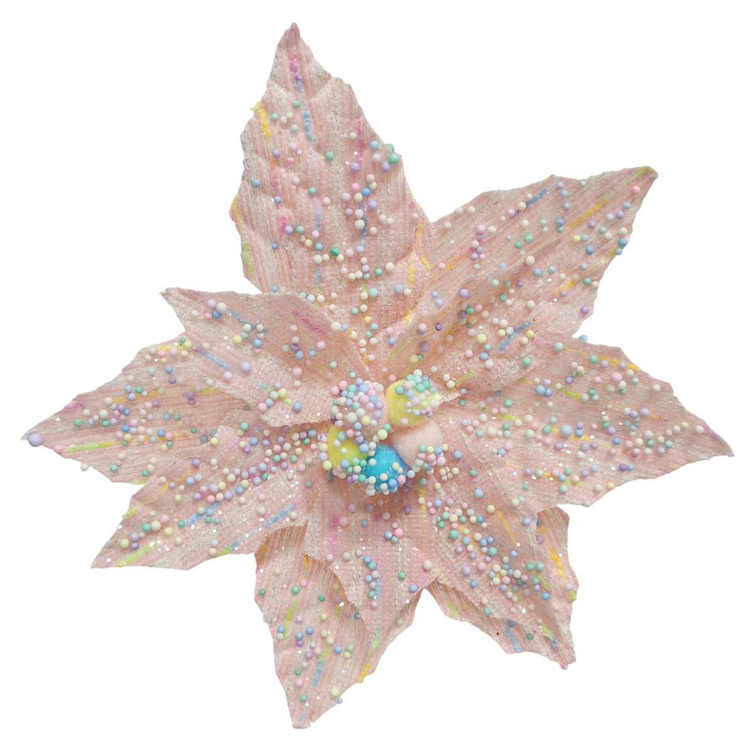 Pastel pink poinsettia clip with multicolored bead accents on a white background