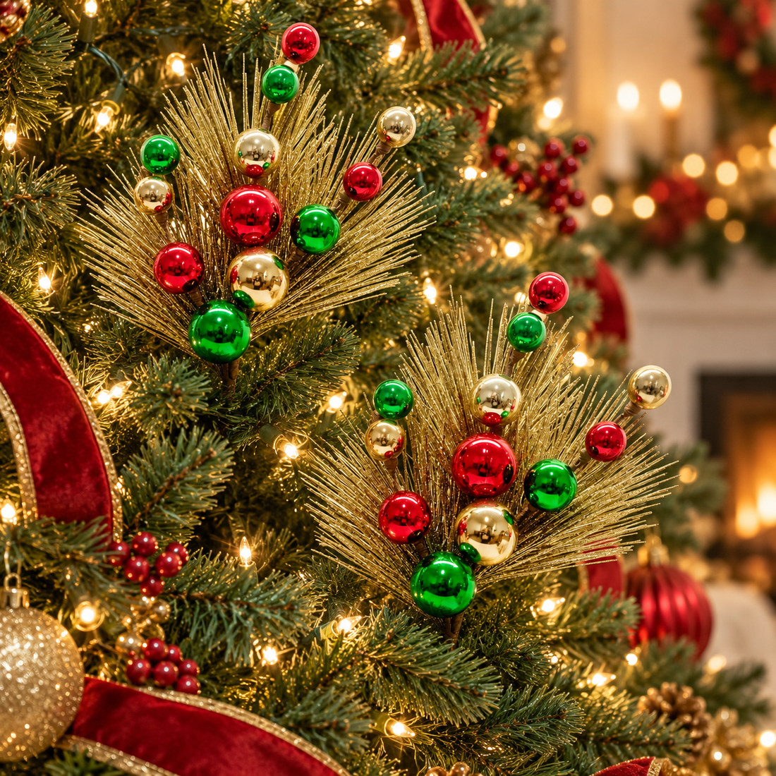 AI-generated Christmas tree styling inspiration; two matching pine ball sprays, accessories not included