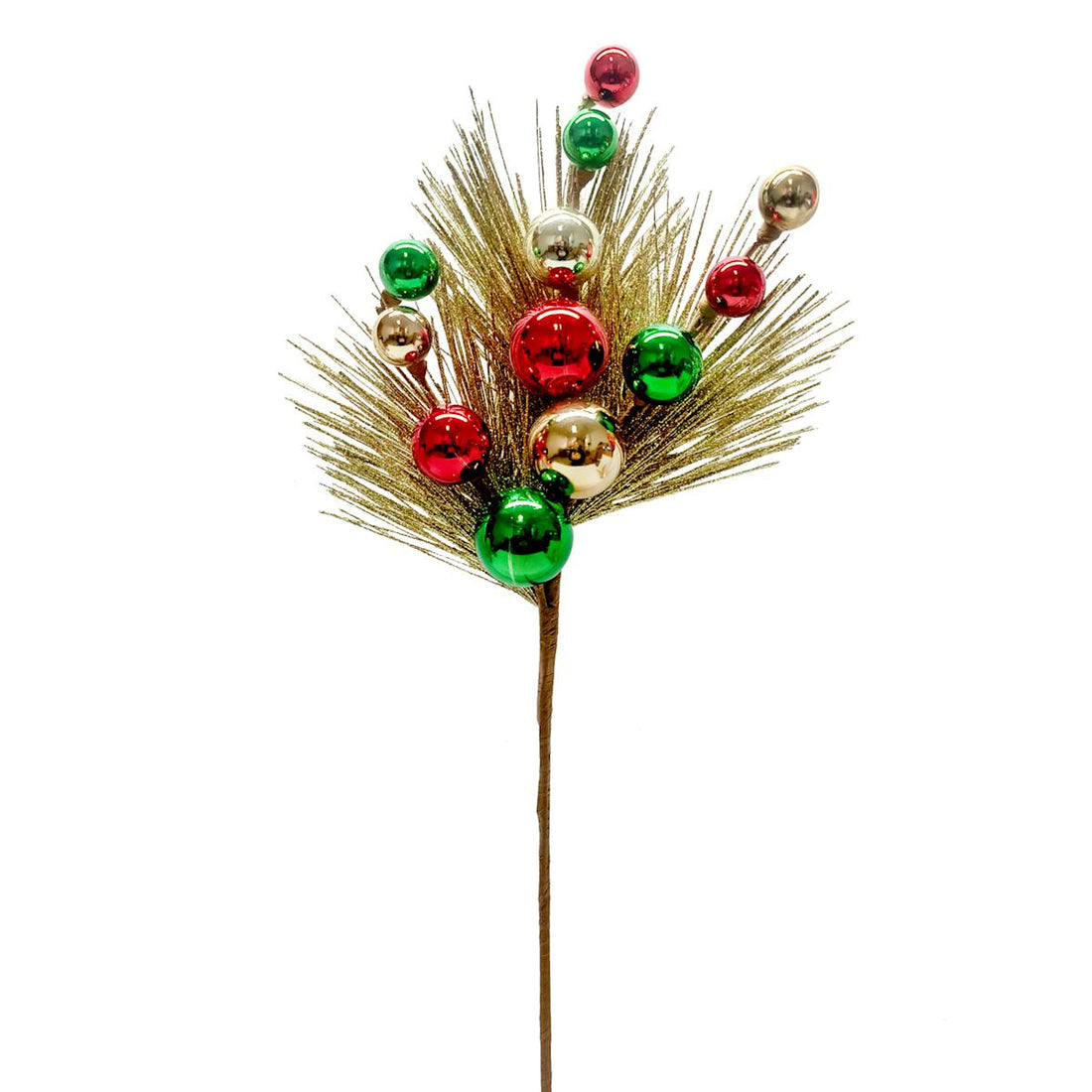 Gold glittered pine spray with red green and gold ornament balls; set includes two