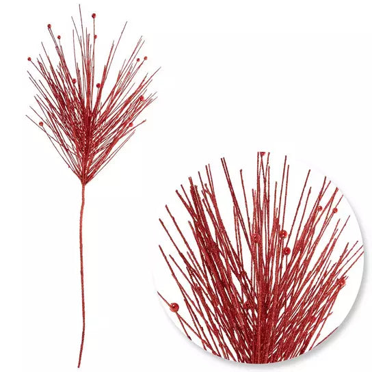Red glitter pine and bead Christmas spray, one stem