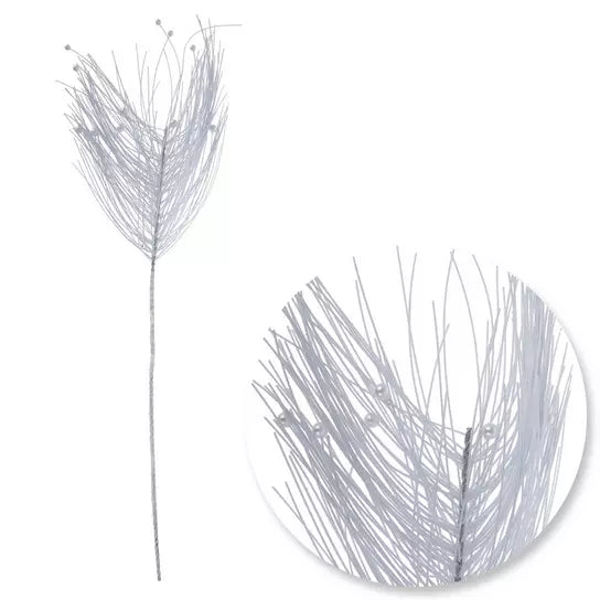 White glitter pine and bead Christmas spray, one stem