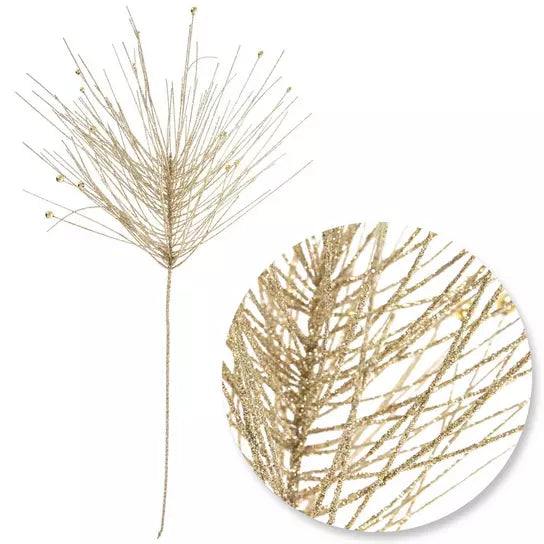 Gold glitter pine and bead Christmas spray, one stem