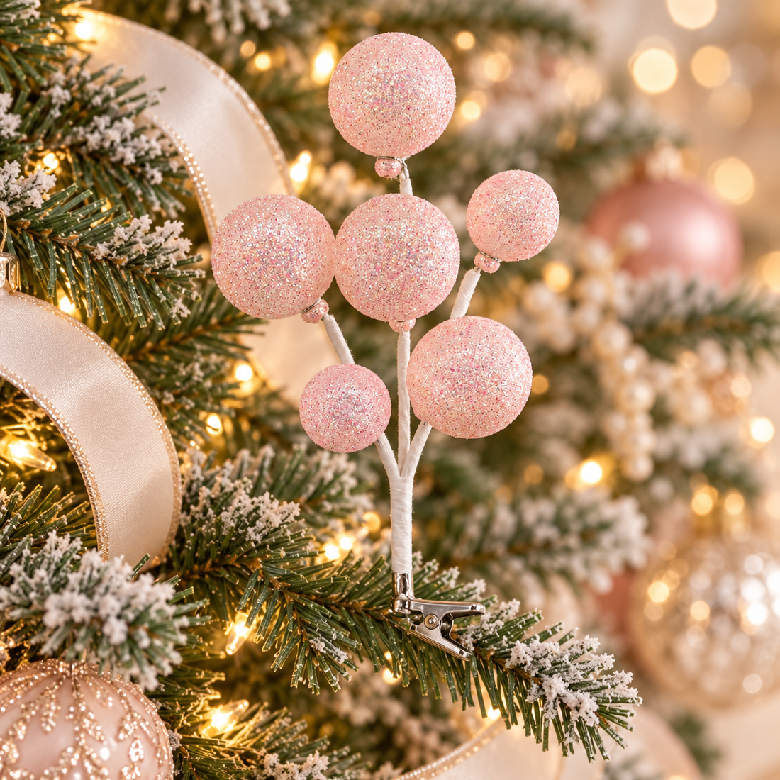 AI-generated styling inspiration: single pink glittered ball clip on tree; accessories not included
