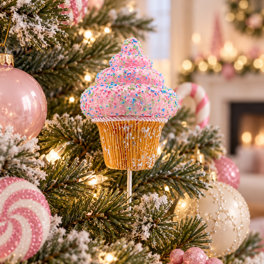 AI-generated styling inspiration: pink cupcake pick in a candy-themed Christmas tree; props not included