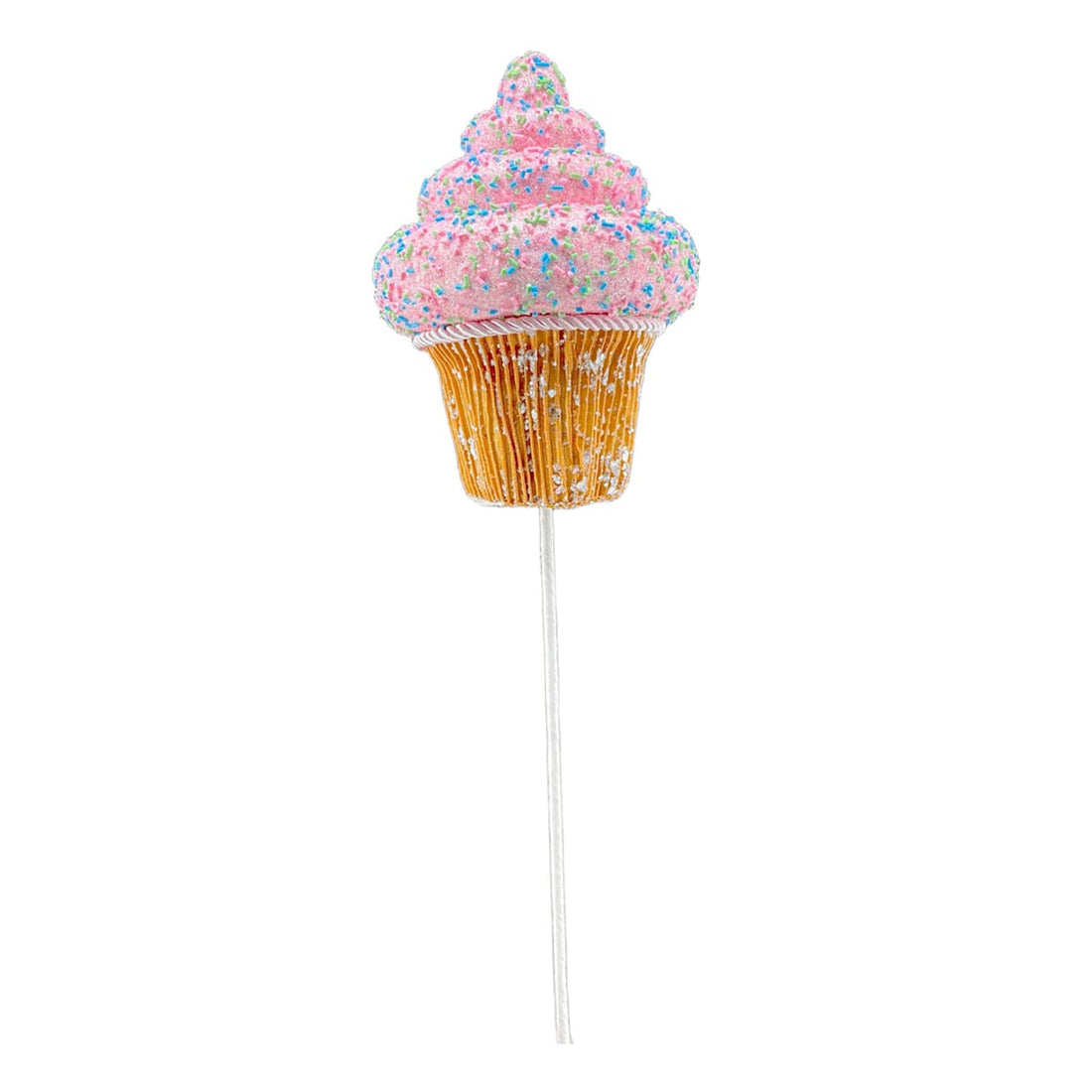 Pink glitter cupcake Christmas pick with colorful sprinkles and gold wrapper on white background