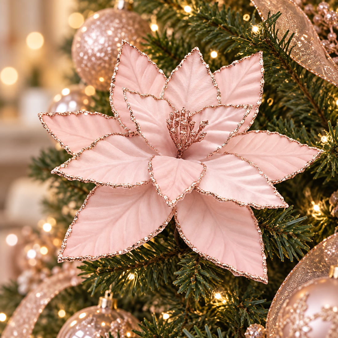 AI-generated styling inspiration: blush pink poinsettia flower clip on Christmas tree; other decor not included