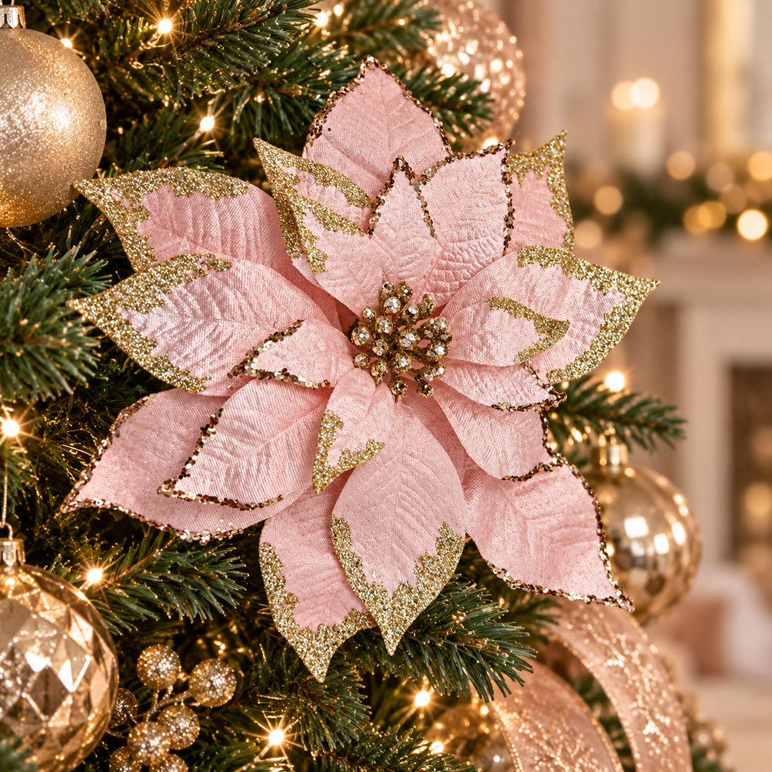 AI-generated styling inspiration: pink and gold poinsettia clip displayed on a Christmas tree; other decor not included