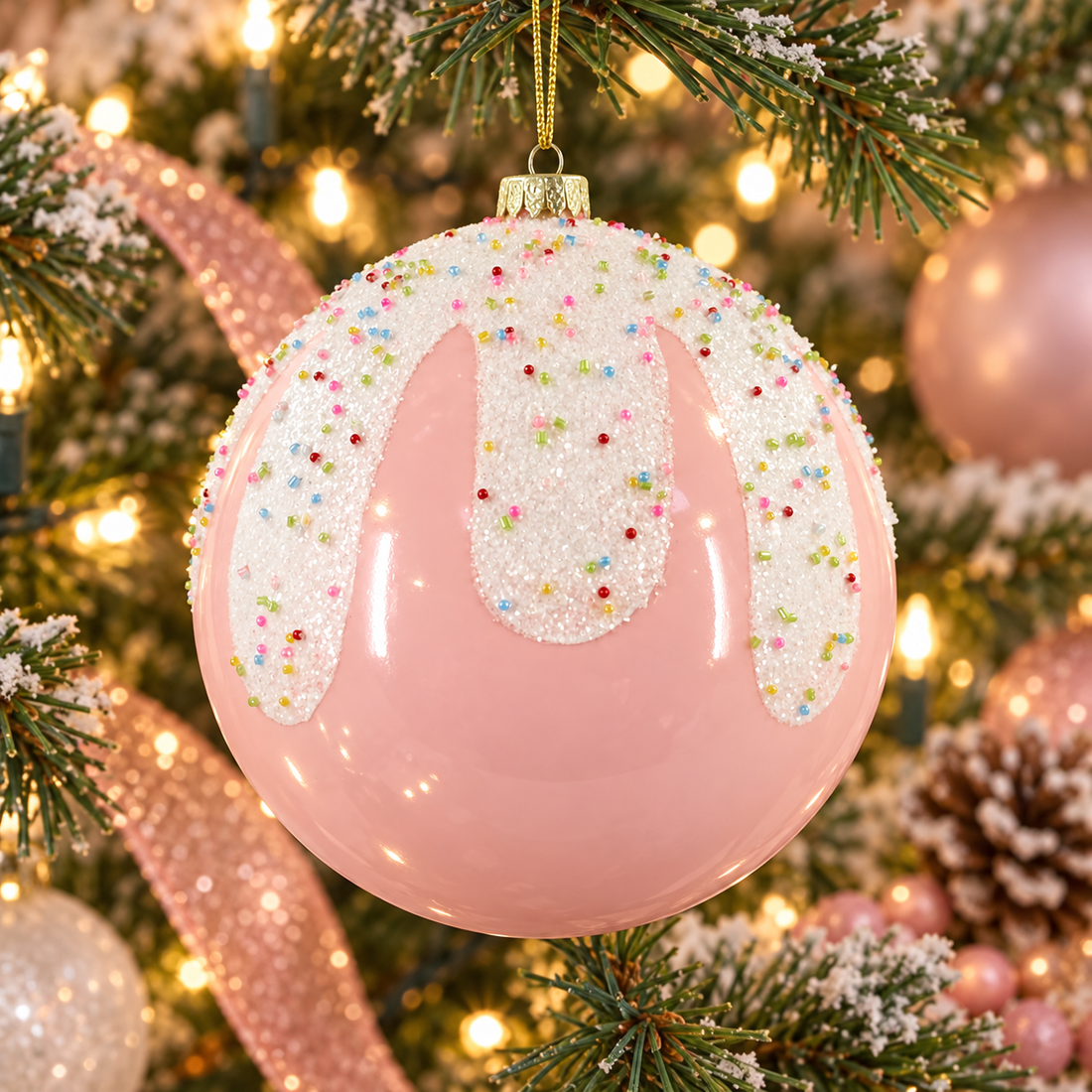 AI styling inspiration of pink icing and sprinkle ornament on a Christmas tree