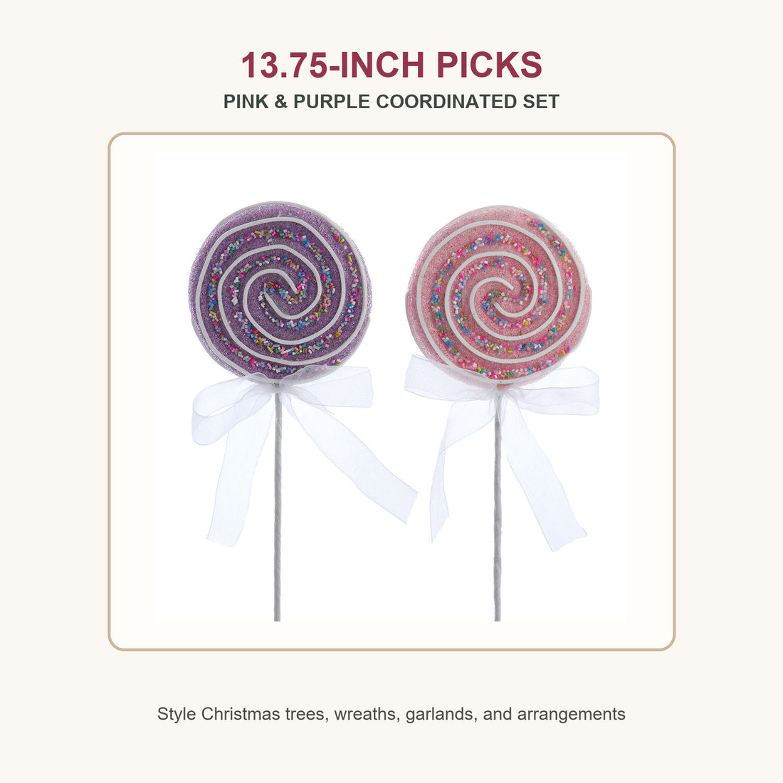 13.75-inch pink and purple lollipop Christmas floral picks coordinated set