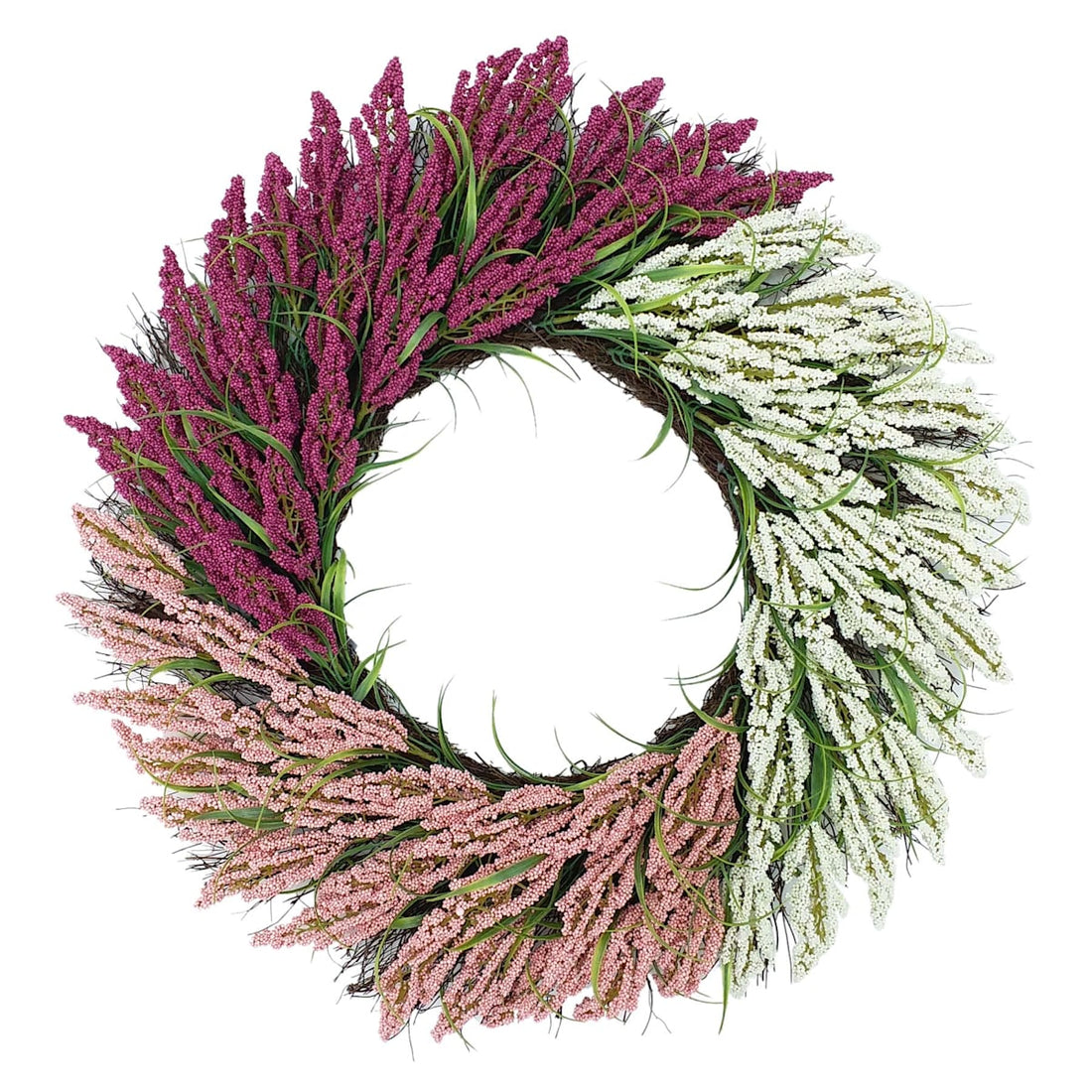 Pink & White Heather Floral Wreath – Spring & Summer Front Door Botanical Home Décor