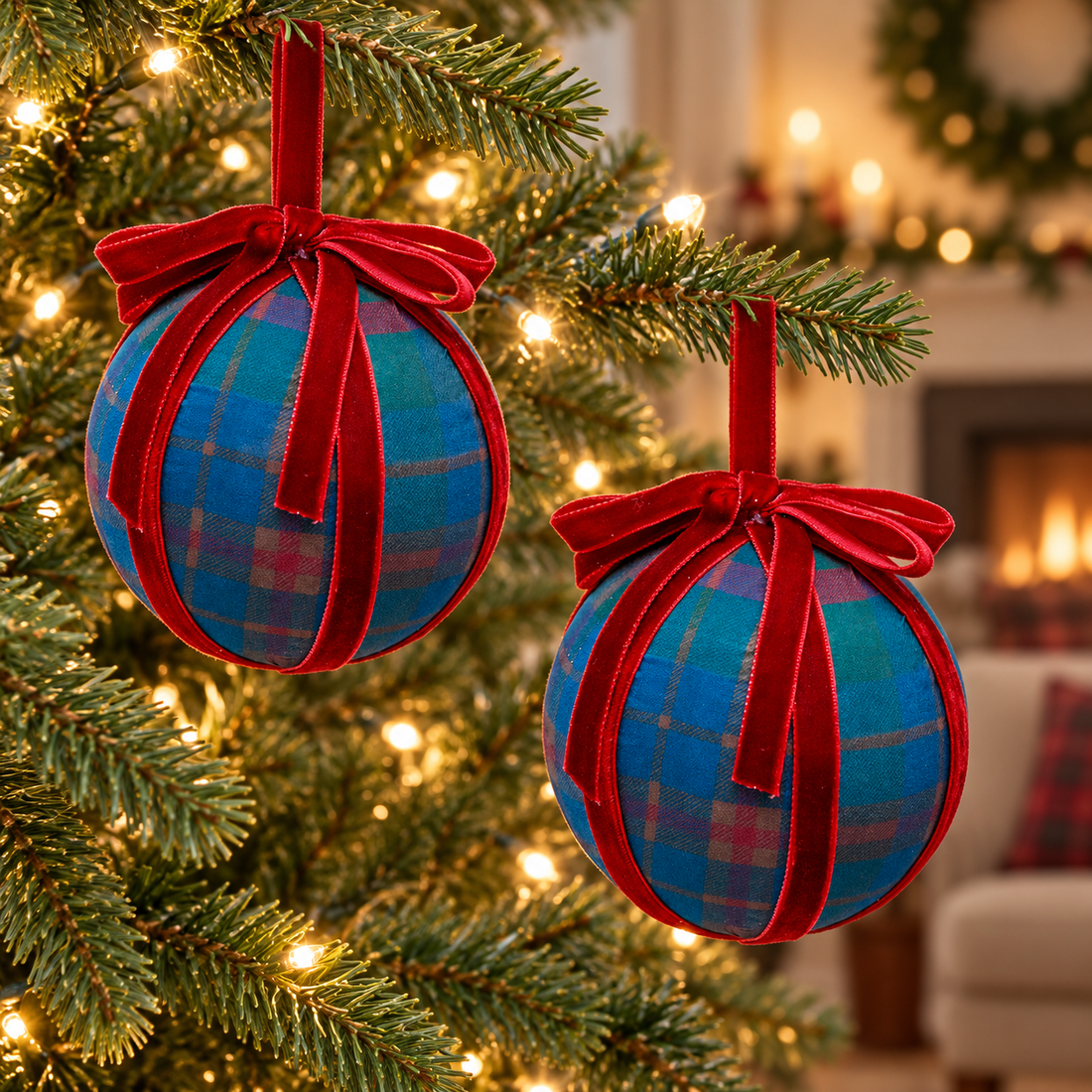 Two plaid ornaments with red velvet bows on Christmas tree — AI lifestyle illustration