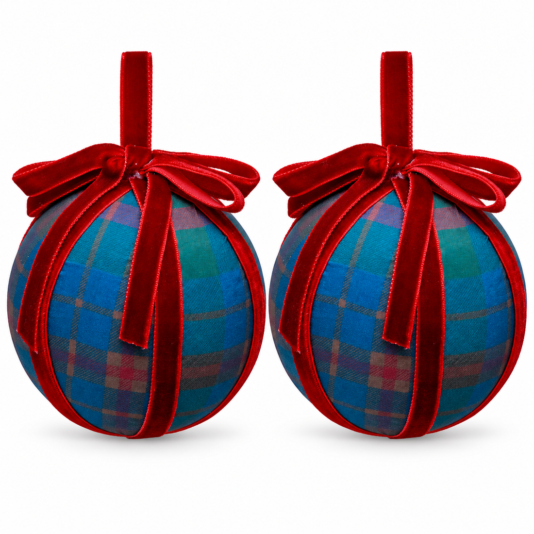 Two plaid ball ornaments with red velvet bows on white — AI illustration