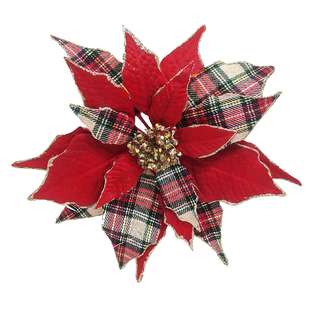 9.5-inch red and tartan plaid poinsettia clip with gold accents