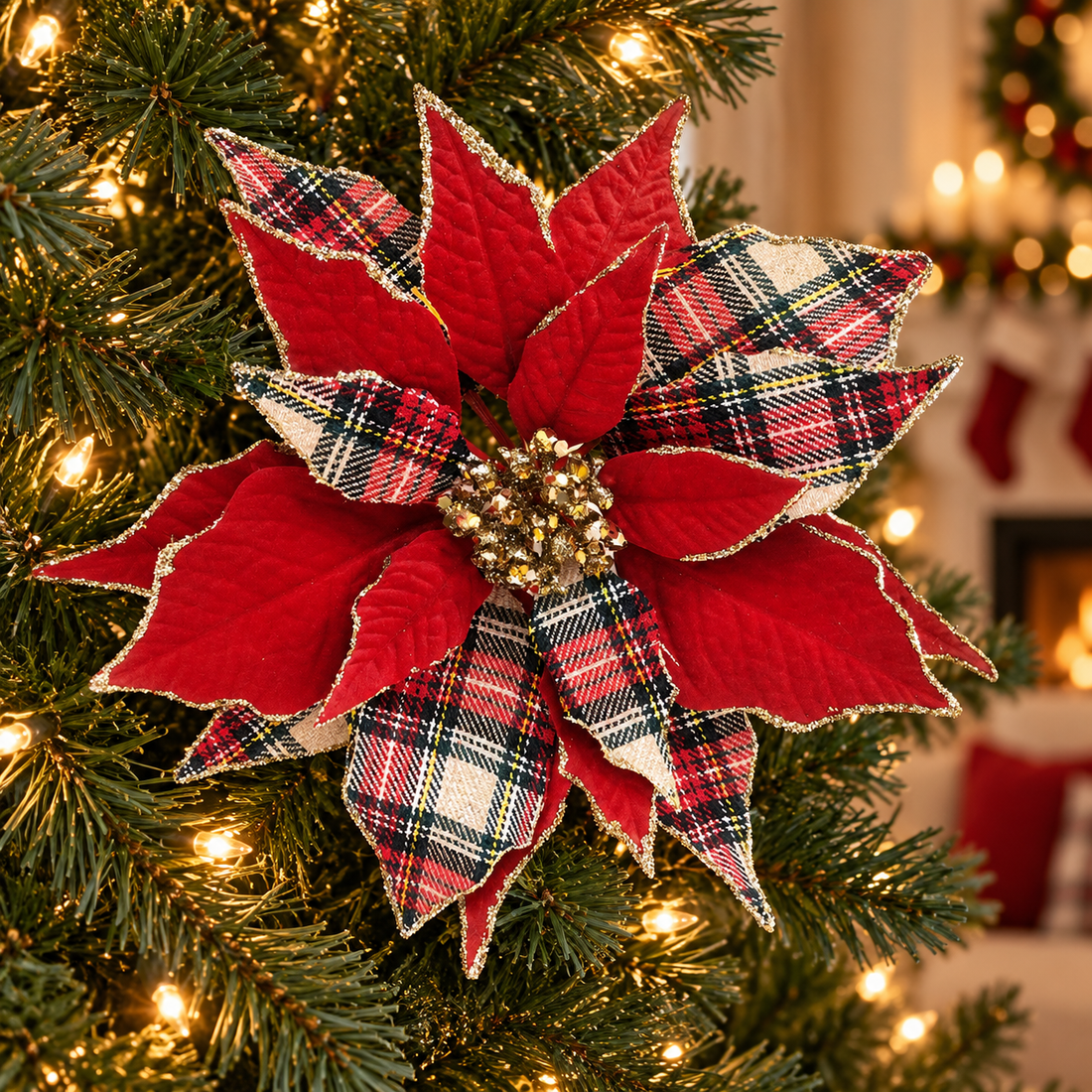 AI-generated styling inspiration: red plaid poinsettia clip on Christmas tree; props not included