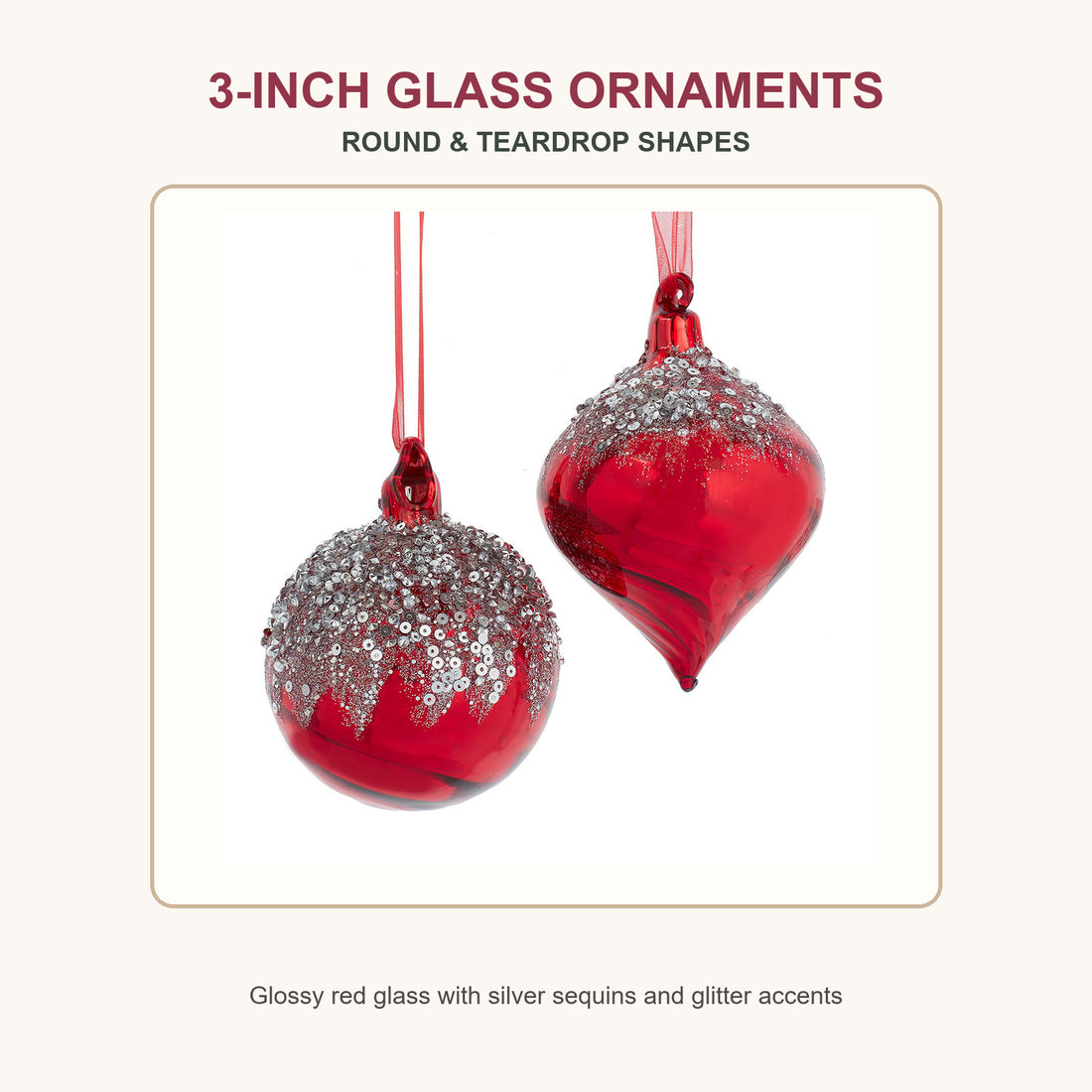 3-inch shiny red glass Christmas ornaments in round and teardrop shapes with silver sequins
