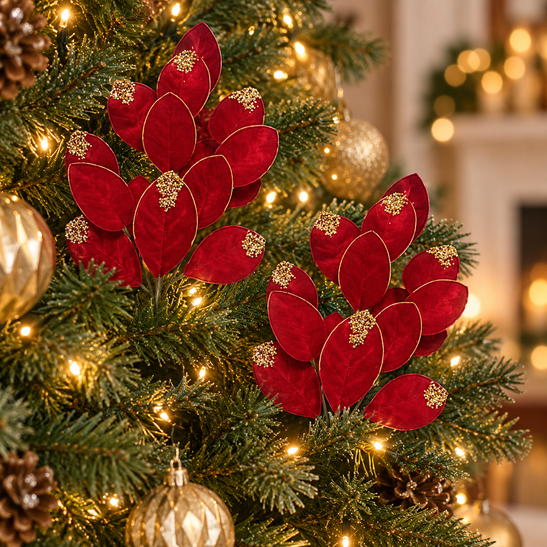 AI-generated styling inspiration: two red and gold glitter leaf picks on a Christmas tree; accessories not included