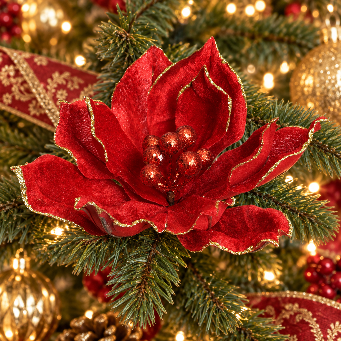AI-generated styling inspiration: red magnolia clip on a red and gold Christmas tree; props not included