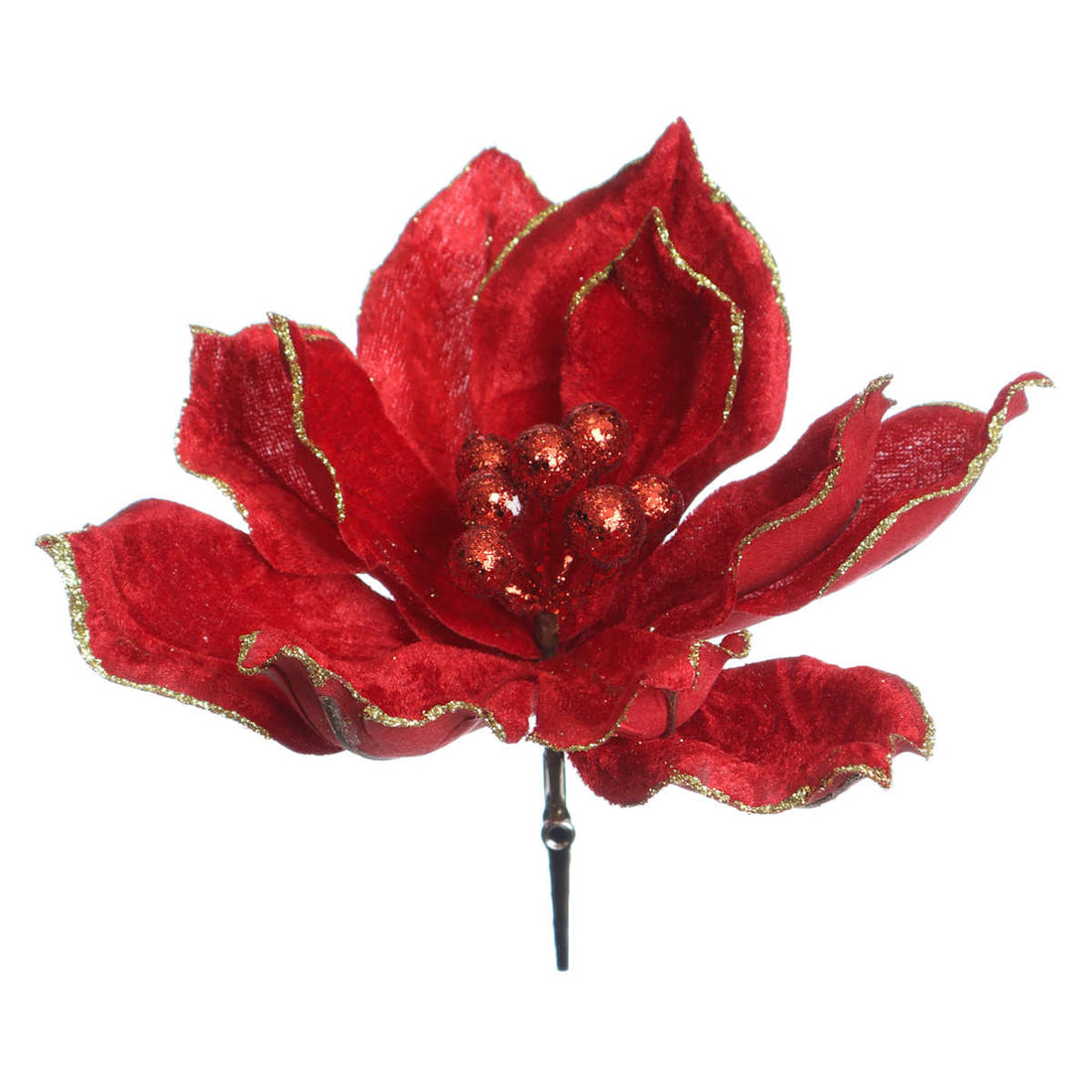 Red magnolia Christmas clip with gold glitter edging on a white background