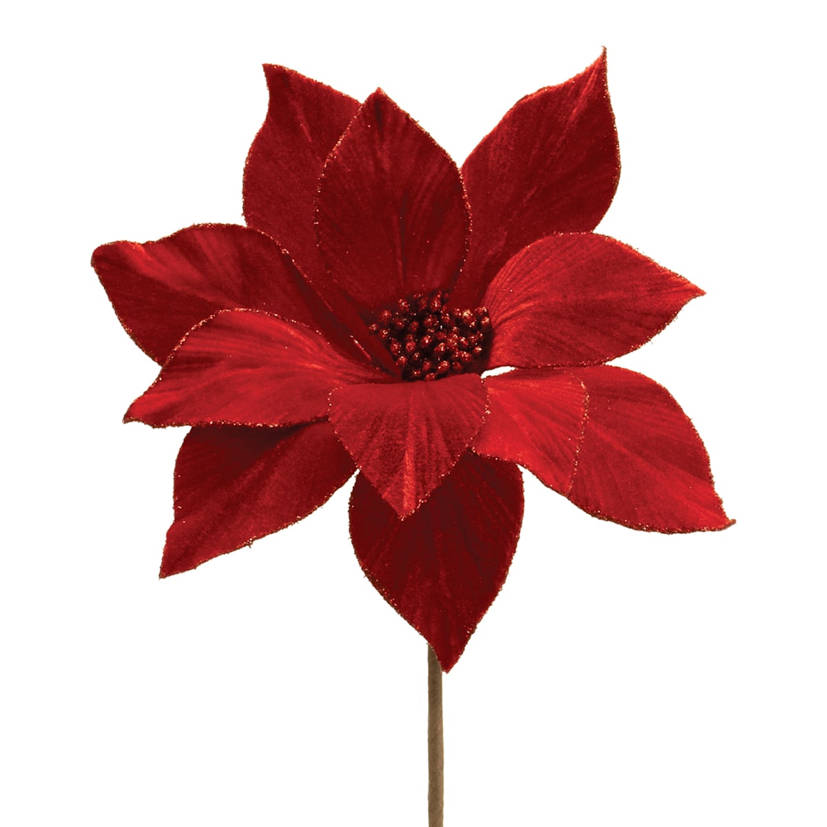 24" Red Velvet Poinsettia Stem with Shimmer Edge  – Luxury Christmas Floral Pick