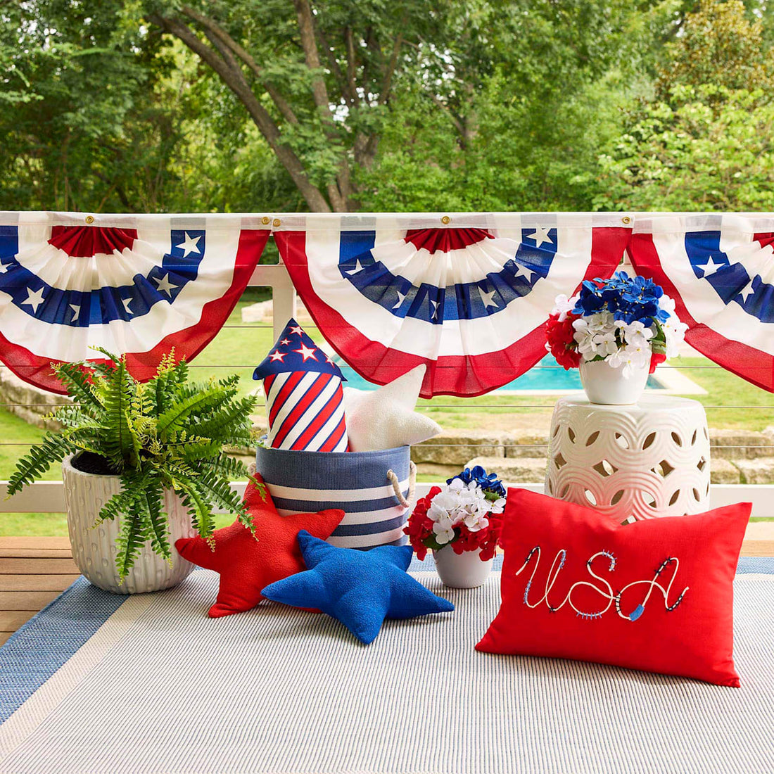 Patriotic bunting fan flag for porch railing or fence alternate view