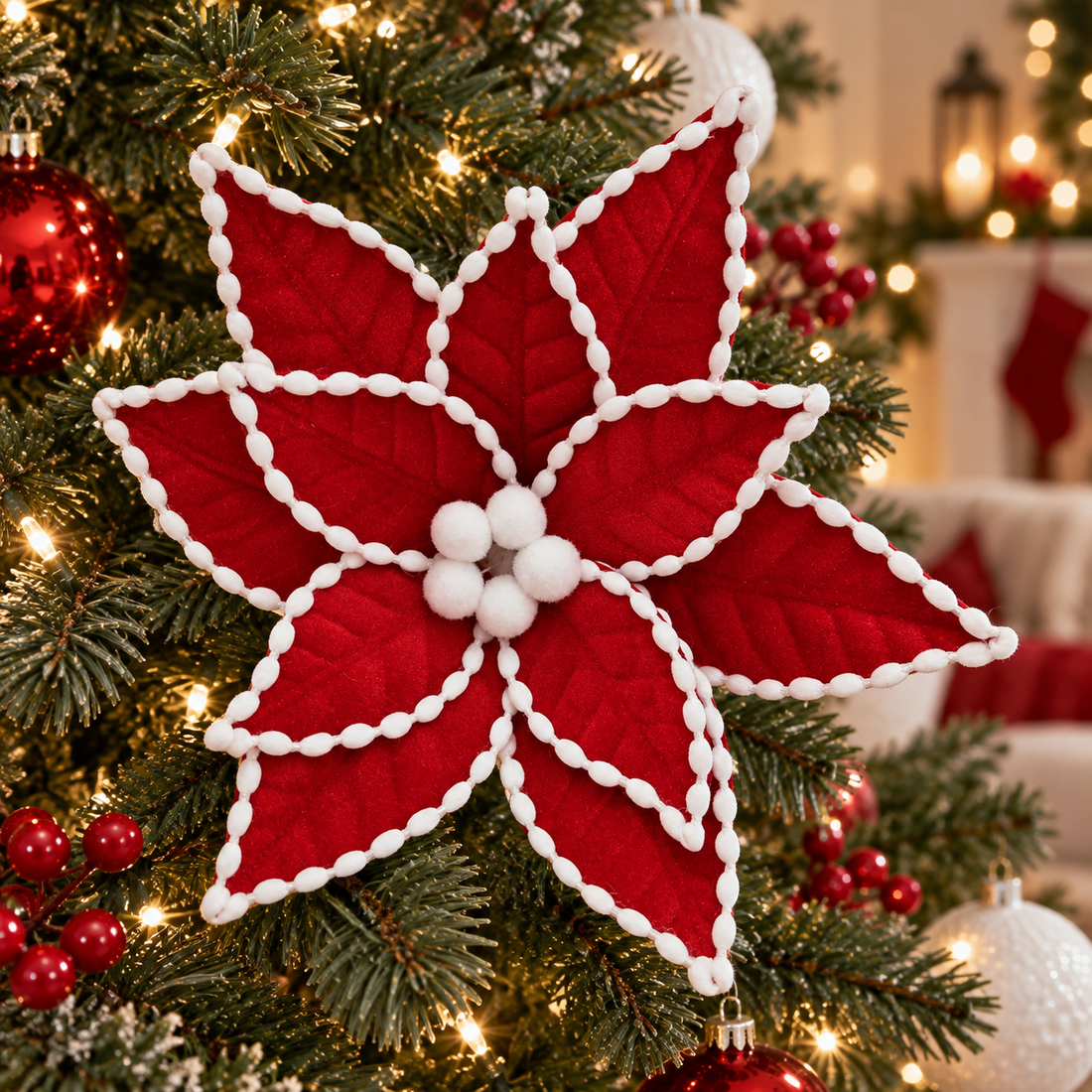 AI-generated styling inspiration: red poinsettia clip with white dotted trim on Christmas tree; other decor not included