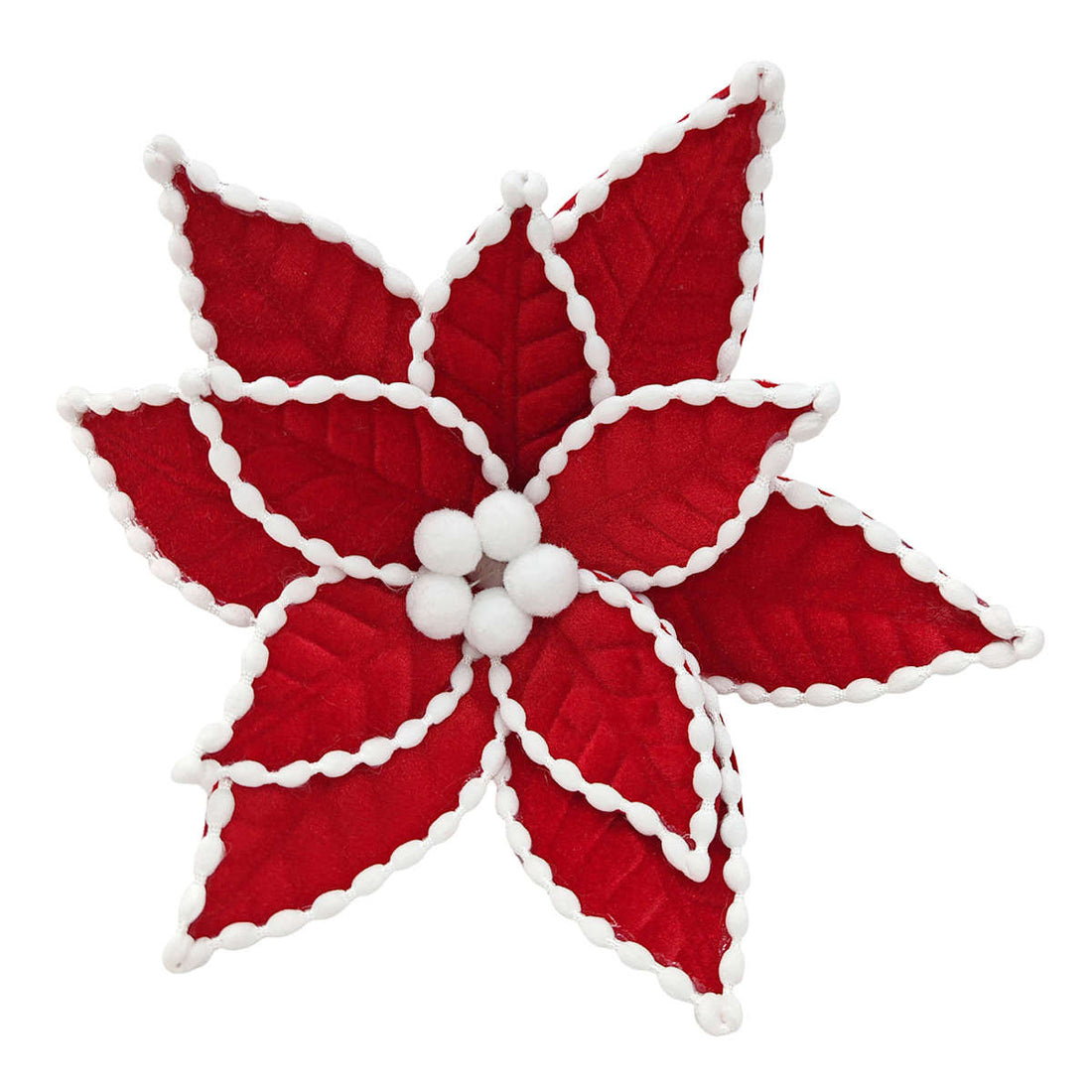 Red poinsettia flower clip with white dotted trim and white pompom center on white background