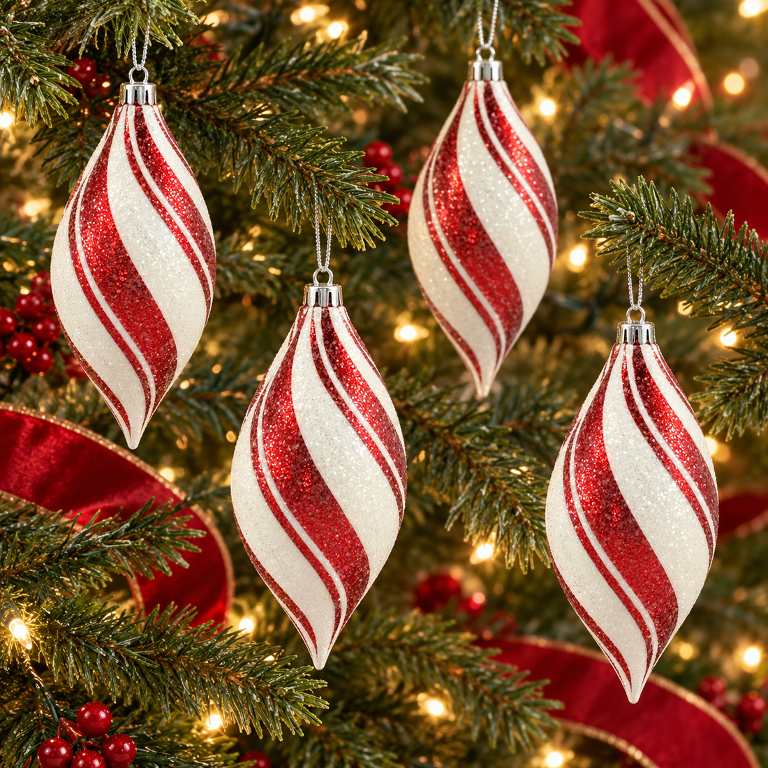 AI-generated tree styling with four red and white finial ornaments; accessories not included