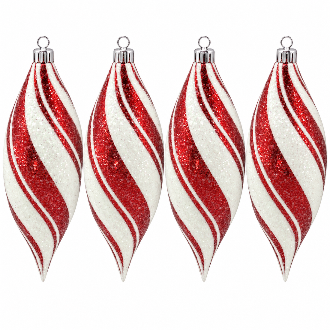 Set of four red and white finial ornaments on white background; AI-edited product image