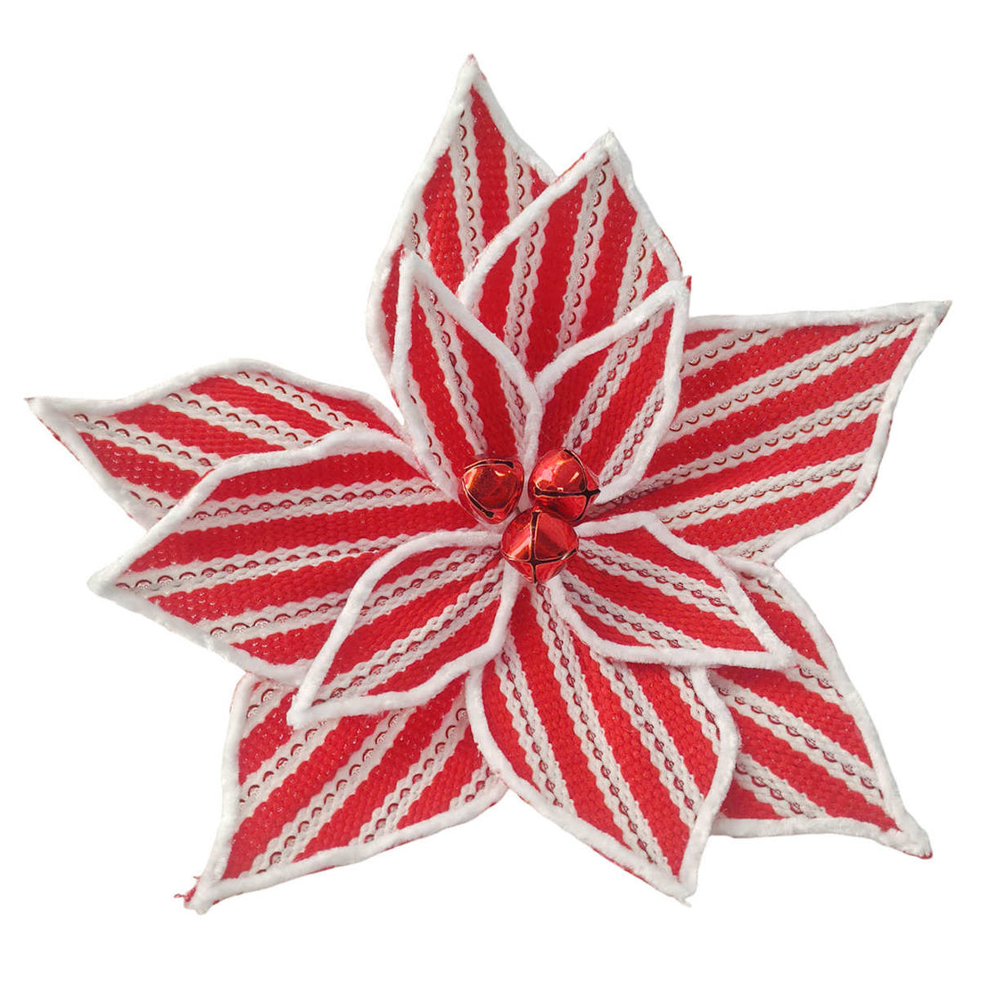 11-inch red and white striped poinsettia tree clip with three red bells on white background