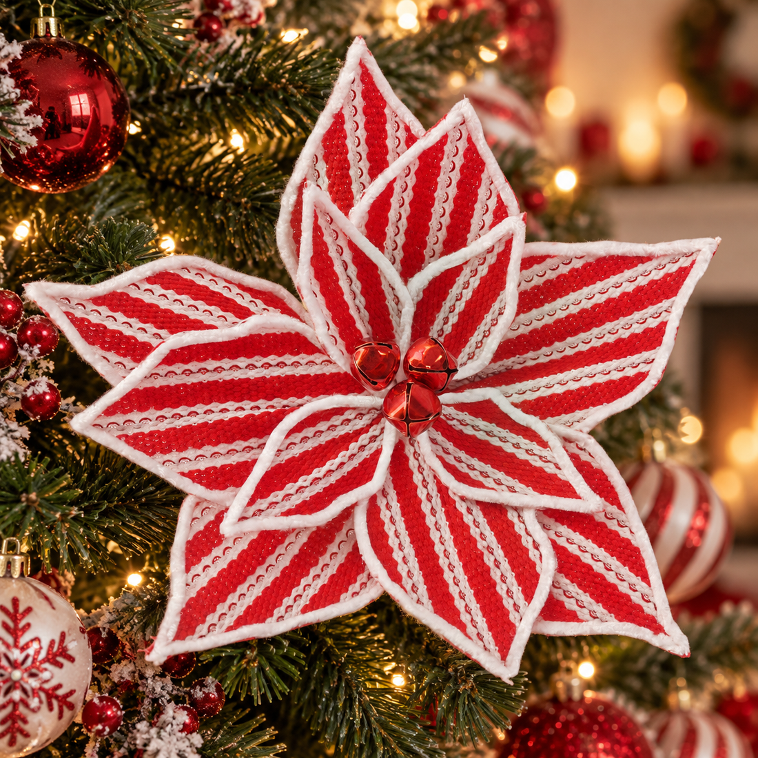 AI-generated Christmas-tree styling inspiration featuring red and white poinsettia clip; other decor not included